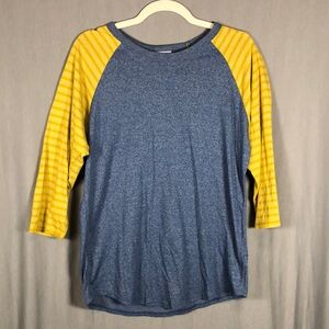 Lularoe Randy - Blue & Mustard Stripe 3/4 Sleeve Raglan Tee - Unisex - Sz L